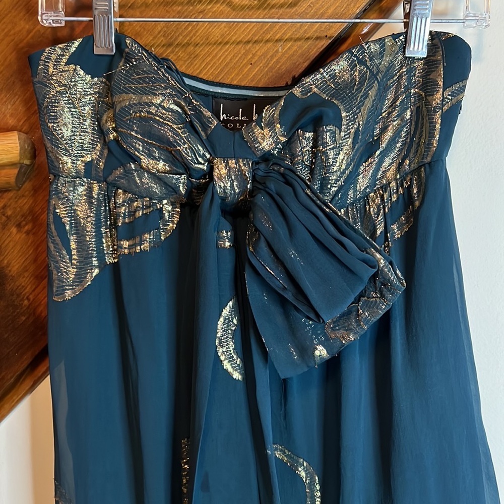 Nicole Miller Gold & Dark Teal Silk Strapless Dress